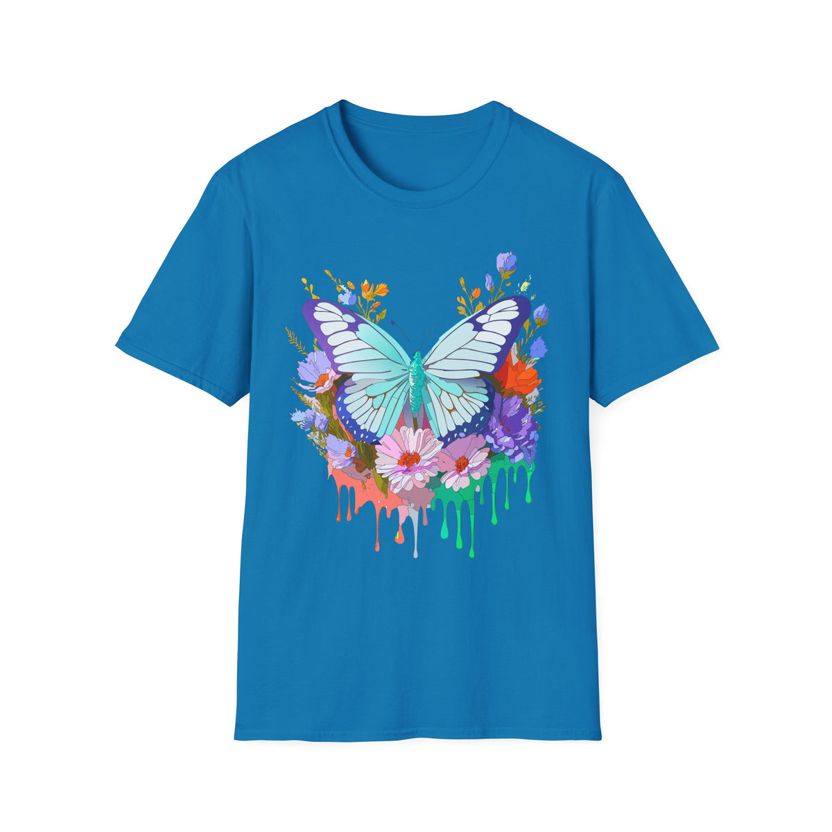 Butterfly Floral Drip T-Shirt — Teal Butterfly with Watercolor Flowers Graphic Tee Unisex 100 Cotton Gildan T-Shirt