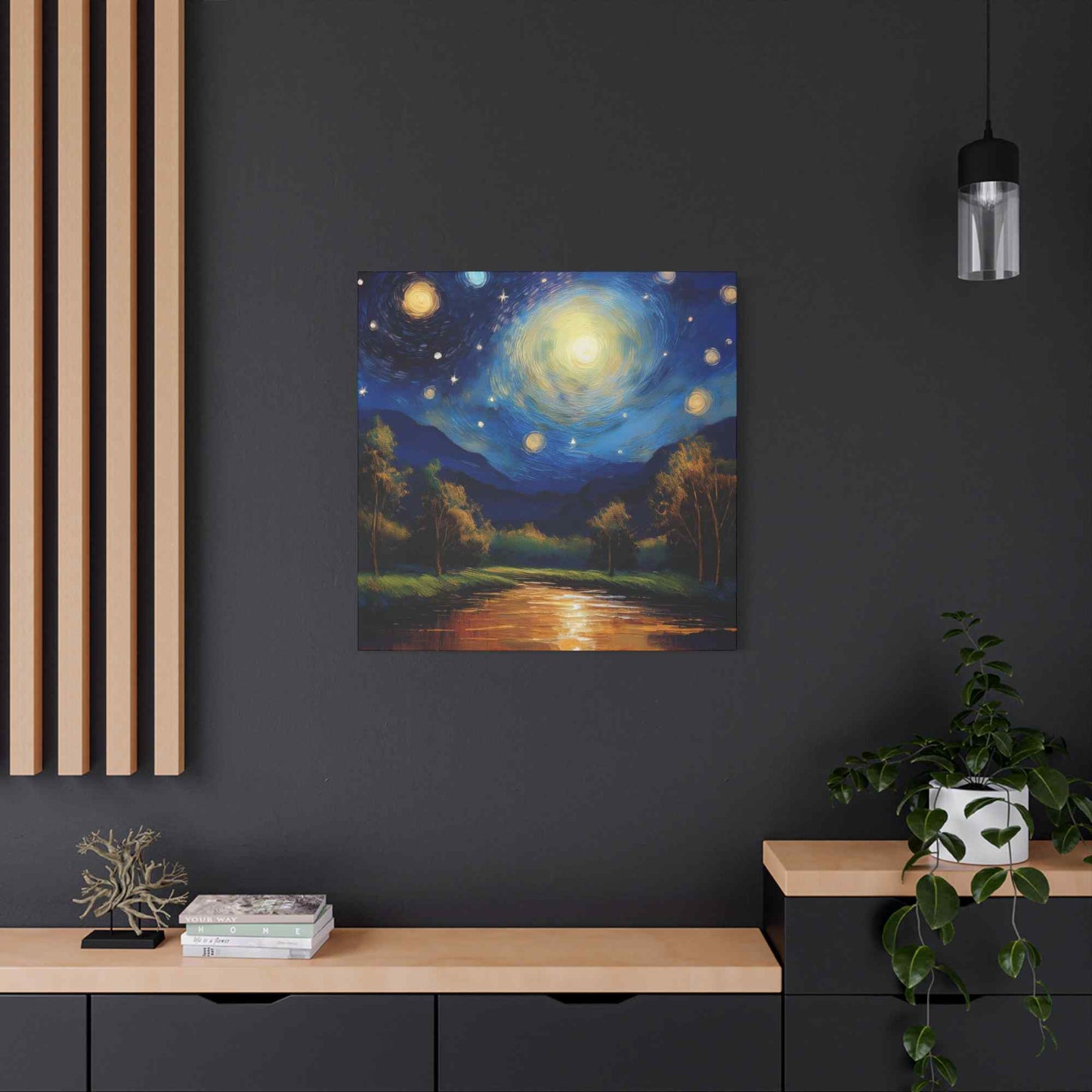 Starry Night Print Canvas, Oil Paint Print 20x20, 24x24, 30x30, 32x32, 36x36 Art Design Print Pine-Wood Inner Frame MC-38