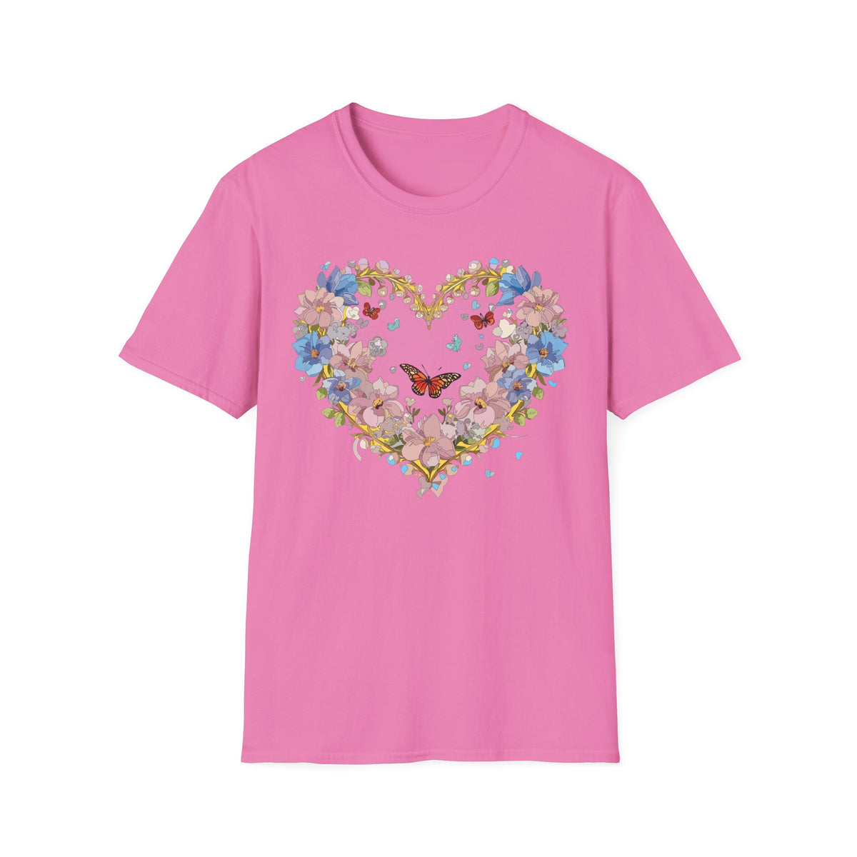 Floral Heart with Butterfly T-Shirt | Pink Bloom Love Graphic Tee Unisex 100 Cotton Gildan T-Shirt