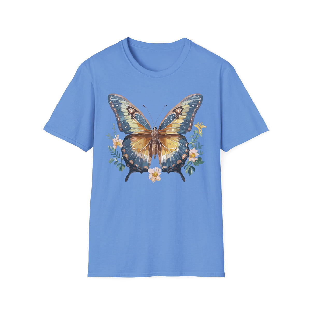 Golden Blue Butterfly T-Shirt | Botanical Accent Graphic Tee Unisex 100 Cotton Gildan T-Shirt