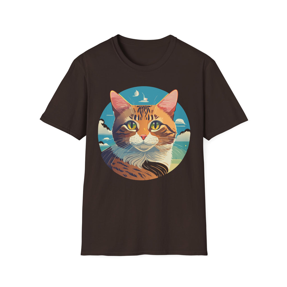 Sunset Tabby Cat T-Shirt | Cat Portrait Tee, Beach Sky Illustration