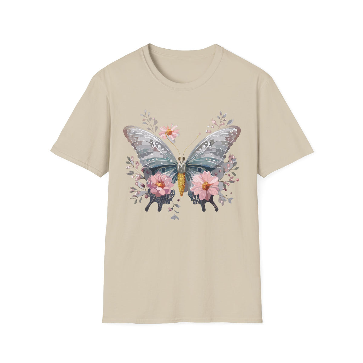 Butterfly Floral T‑Shirt — Watercolor Moth & Pink Flowers Graphic Tee Unisex 100 Cotton Gildan T-Shirt