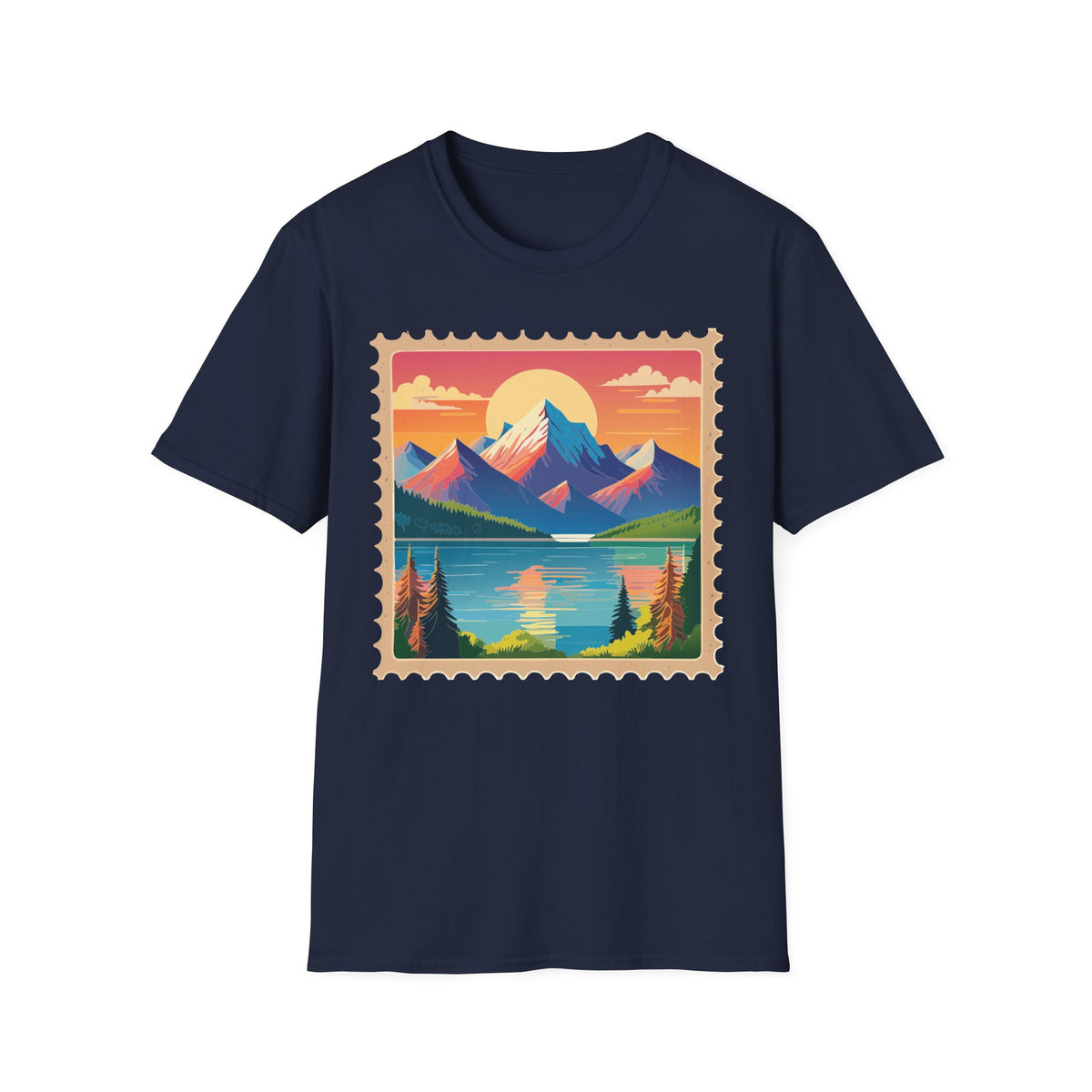 Vintage Mountain Sunset postage stamp T-Shirt | retro travel landscape