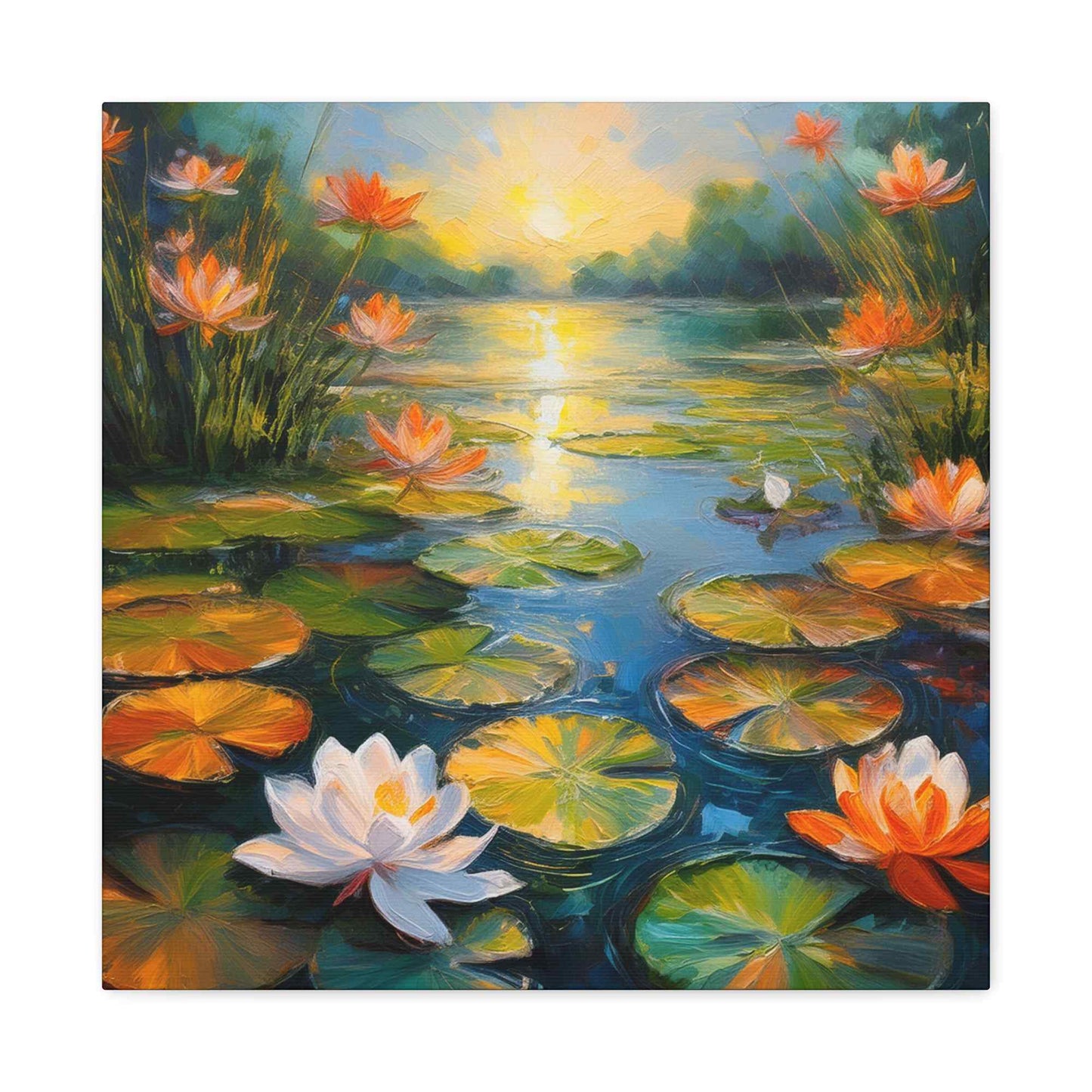 Water Lilies Print Canvas, Oil Paint Print 20x20, 24x24, 30x30, 32x32, 36x36 Art Design Print Pine-Wood Inner Frame MC-63
