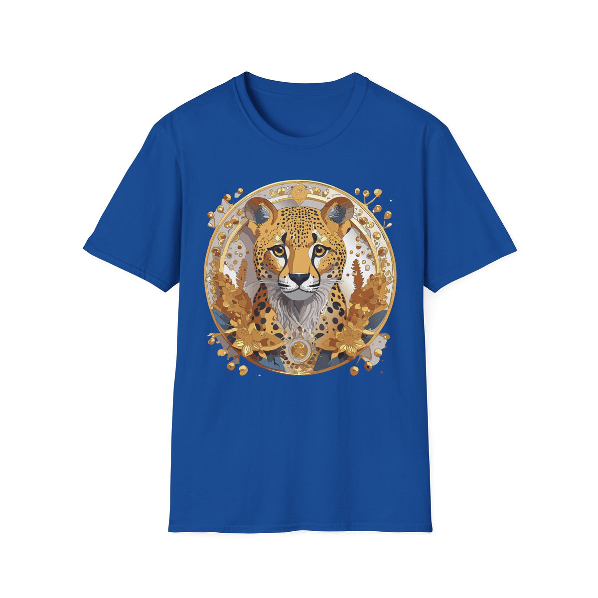 Golden Cheetah Face T-Shirt | Floral Accent, Boho Circle Design