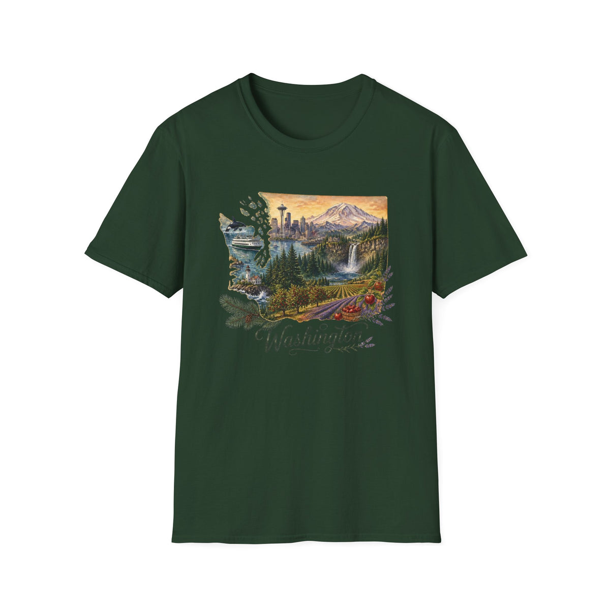 Washington Scenic T-Shirt — Vintage Mountain & Waterfall State Travel Tourist Graphic Design Unisex 100 Cotton Gildan T-Shirt