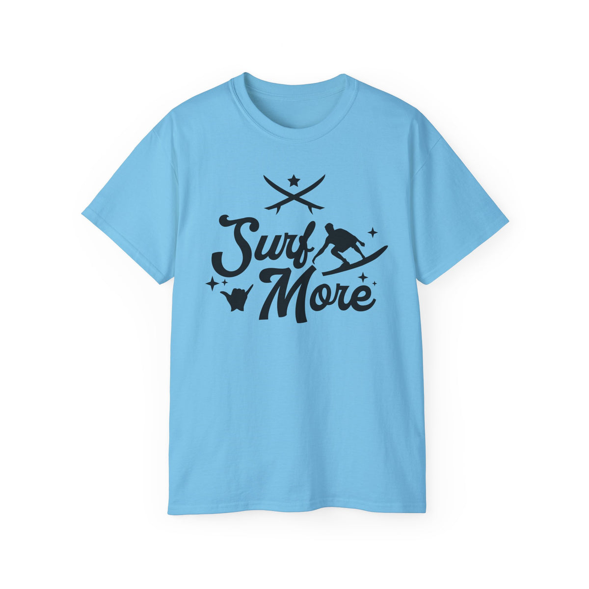 Surf More surfboard graphic Tee | surfer silhouette, waves, retro script