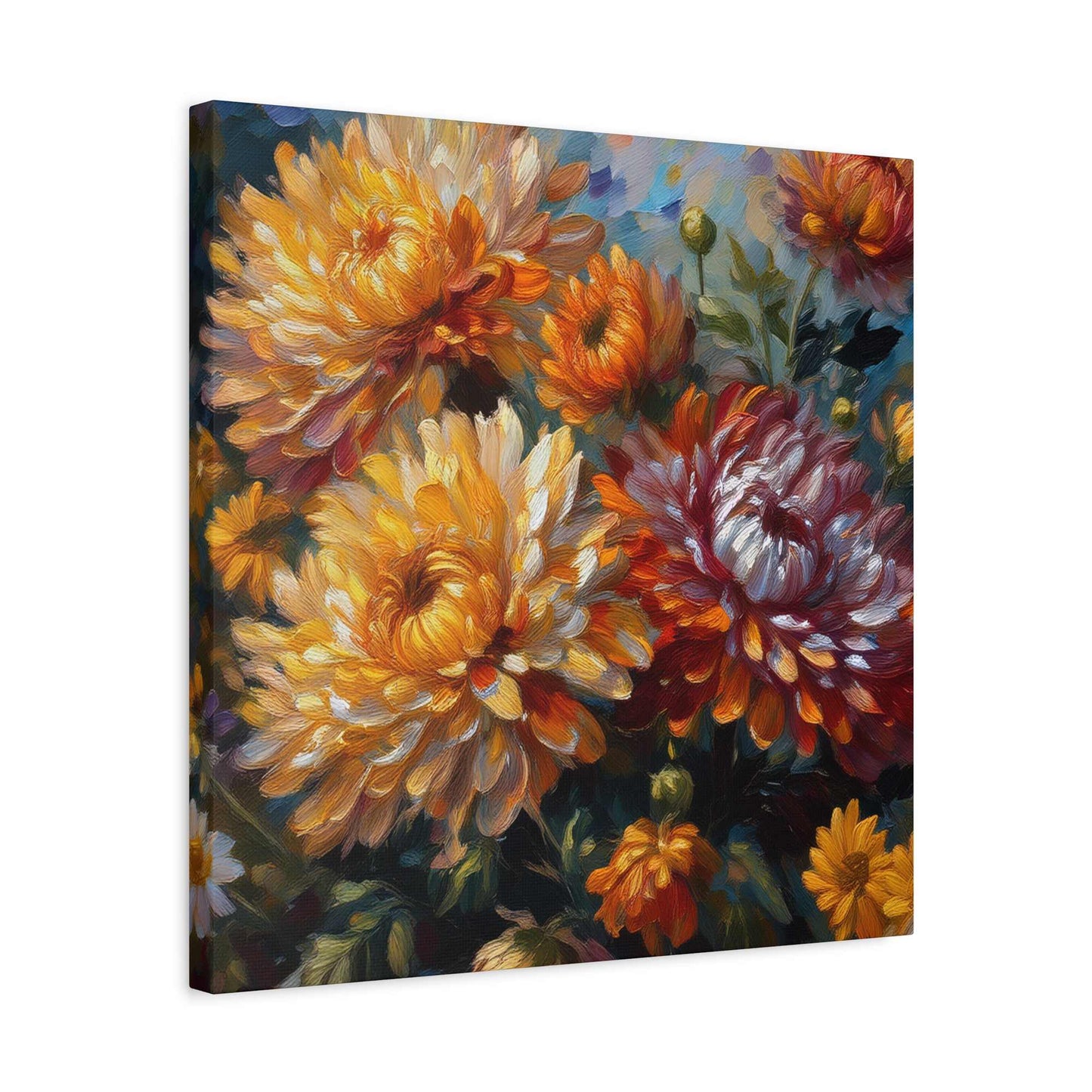 Chrysanthemums Print Canvas, Floral Oil Paint Print 20x20, 24x24, 30x30, 32x32, 36x36 Art Design Pine-Wood Inner Frame MC-157