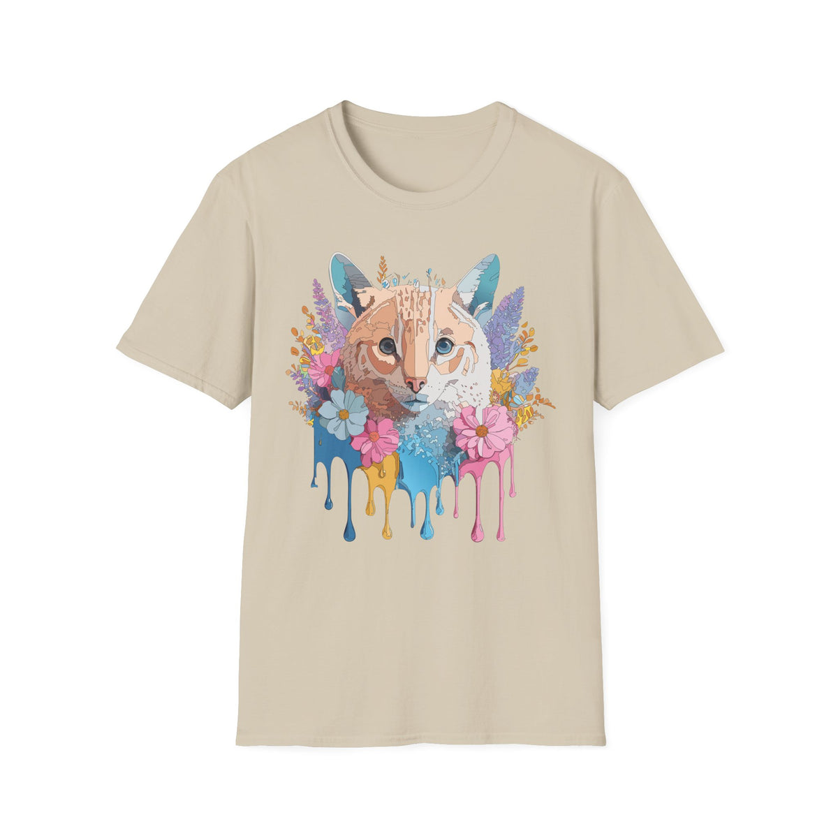 Watercolor Cat Face T-Shirt | Floral Drip Art, Colorful Kitty Tee