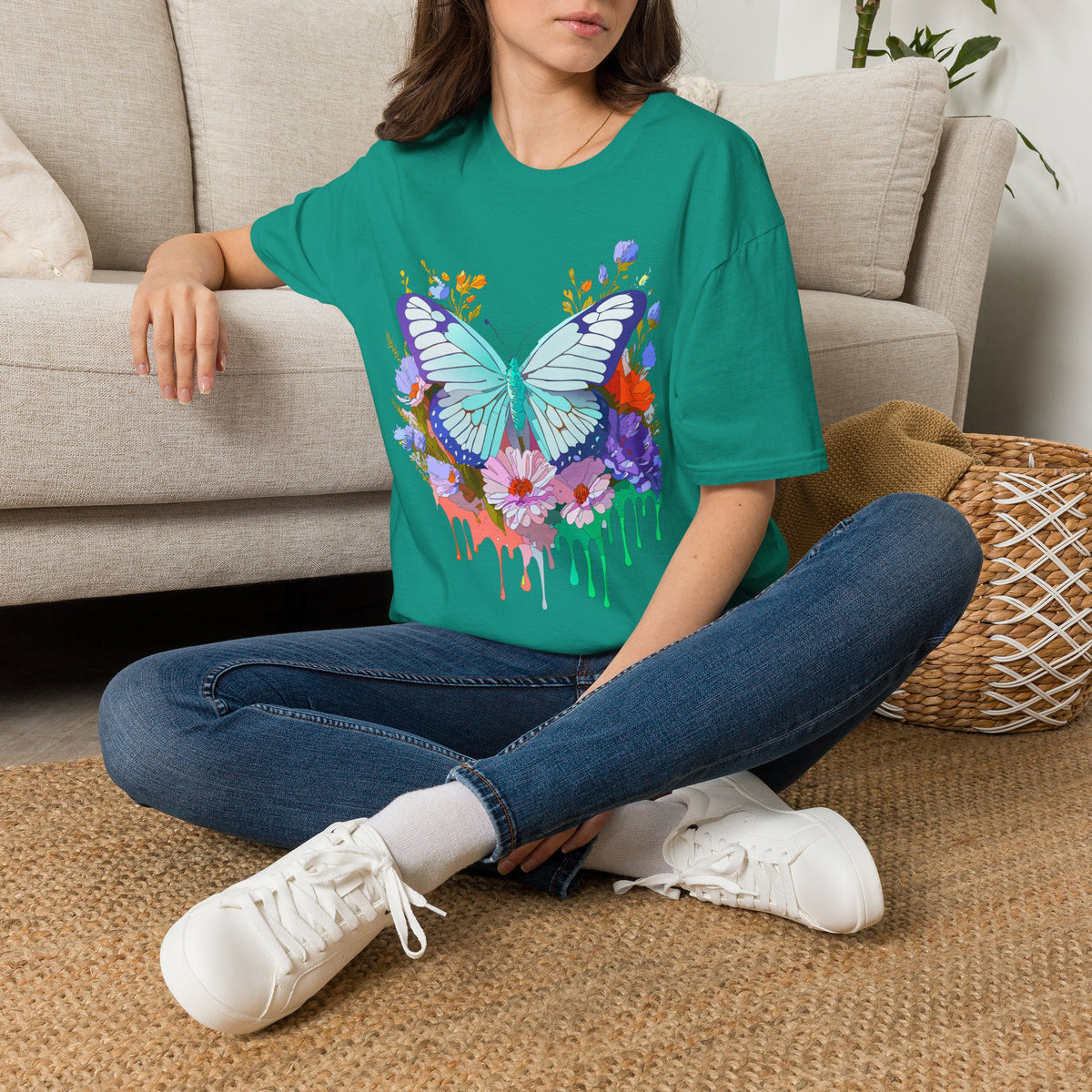 Butterfly Floral Drip T-Shirt — Teal Butterfly with Watercolor Flowers Graphic Tee Unisex 100 Cotton Gildan T-Shirt