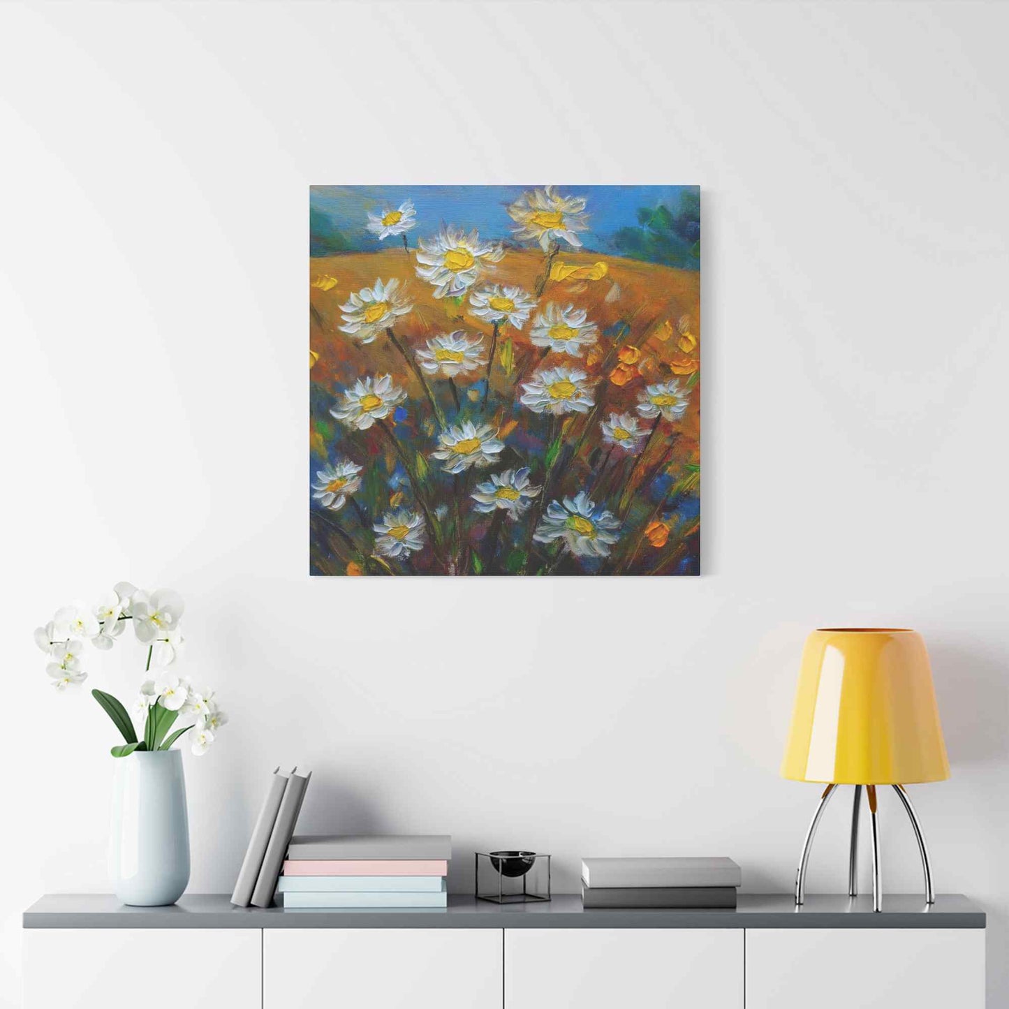 White Daisies Print Canvas, Floral Oil Paint Print 20x20, 24x24, 30x30, 32x32, 36x36 Art Design Pine-Wood Inner Frame MC-126