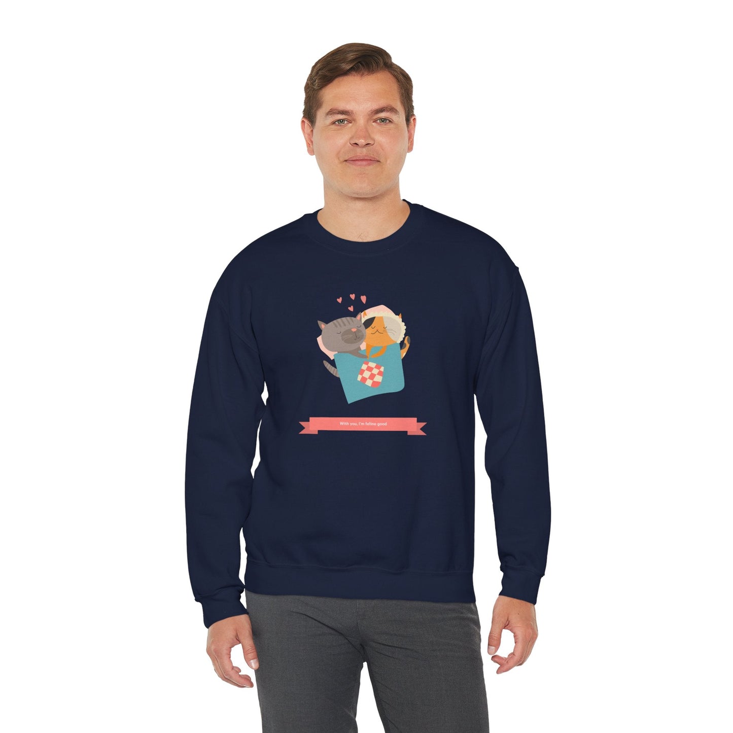 Cat Heart Sweatshirt Unisex Valentines Day 50 50 Cotton Poly Crewneck Gildan 18000