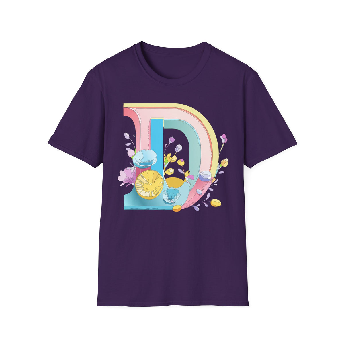Retro Rainbow Letter D T-Shirt | Floral Lemon Initial Graphic