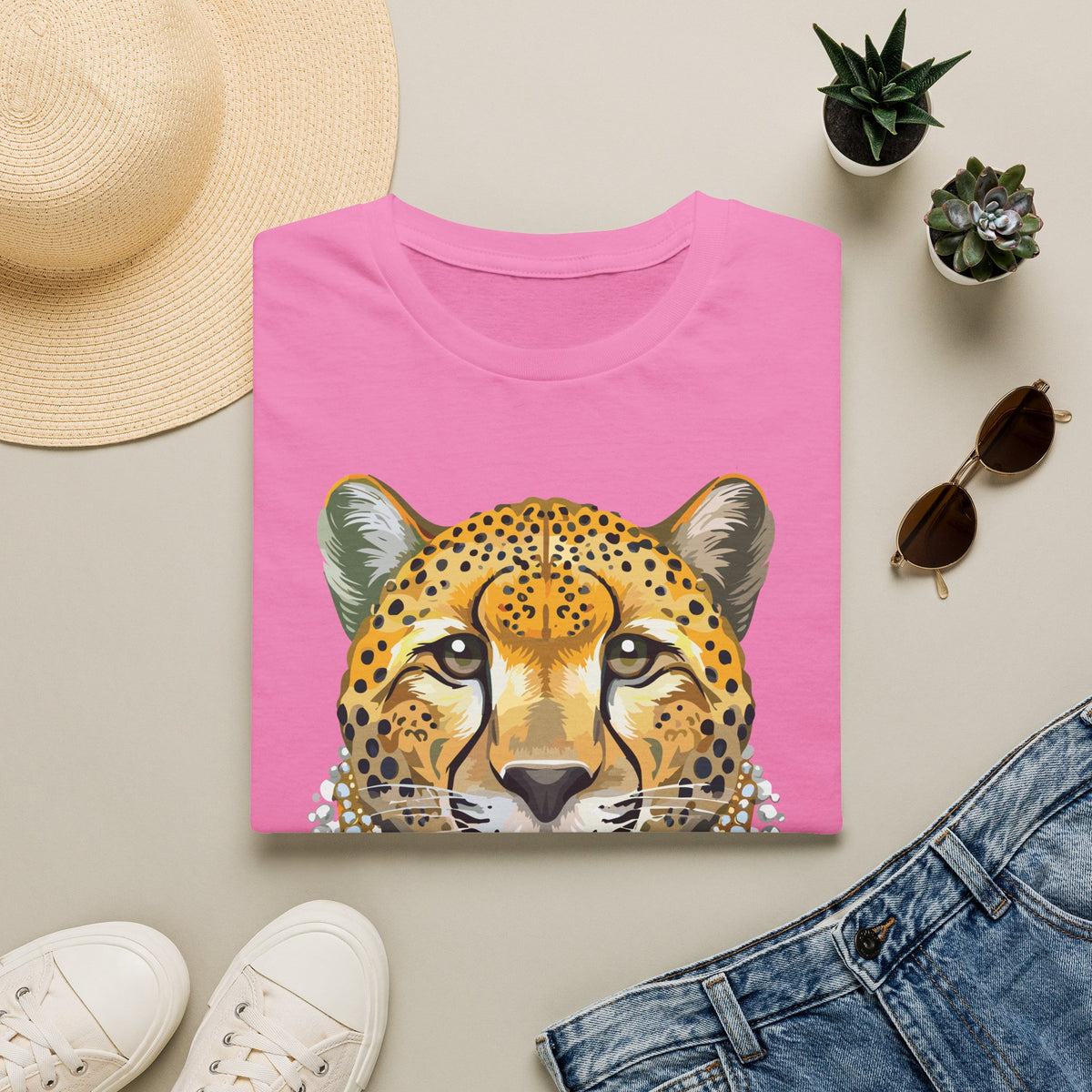 Leopard Portrait T-Shirt | Detailed Cheetah Face with Gem Necklace