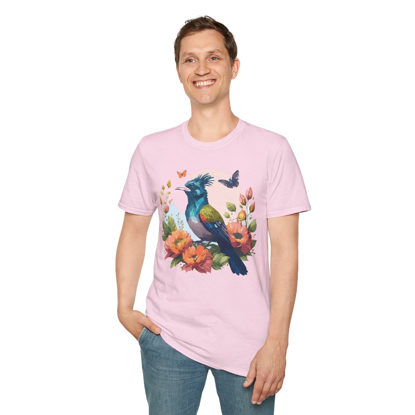 Floral Bird T Shirt Unisex Tee 100 Percent Ring Spun Cotton Softstyle Gildan 64000 Comfort Fit