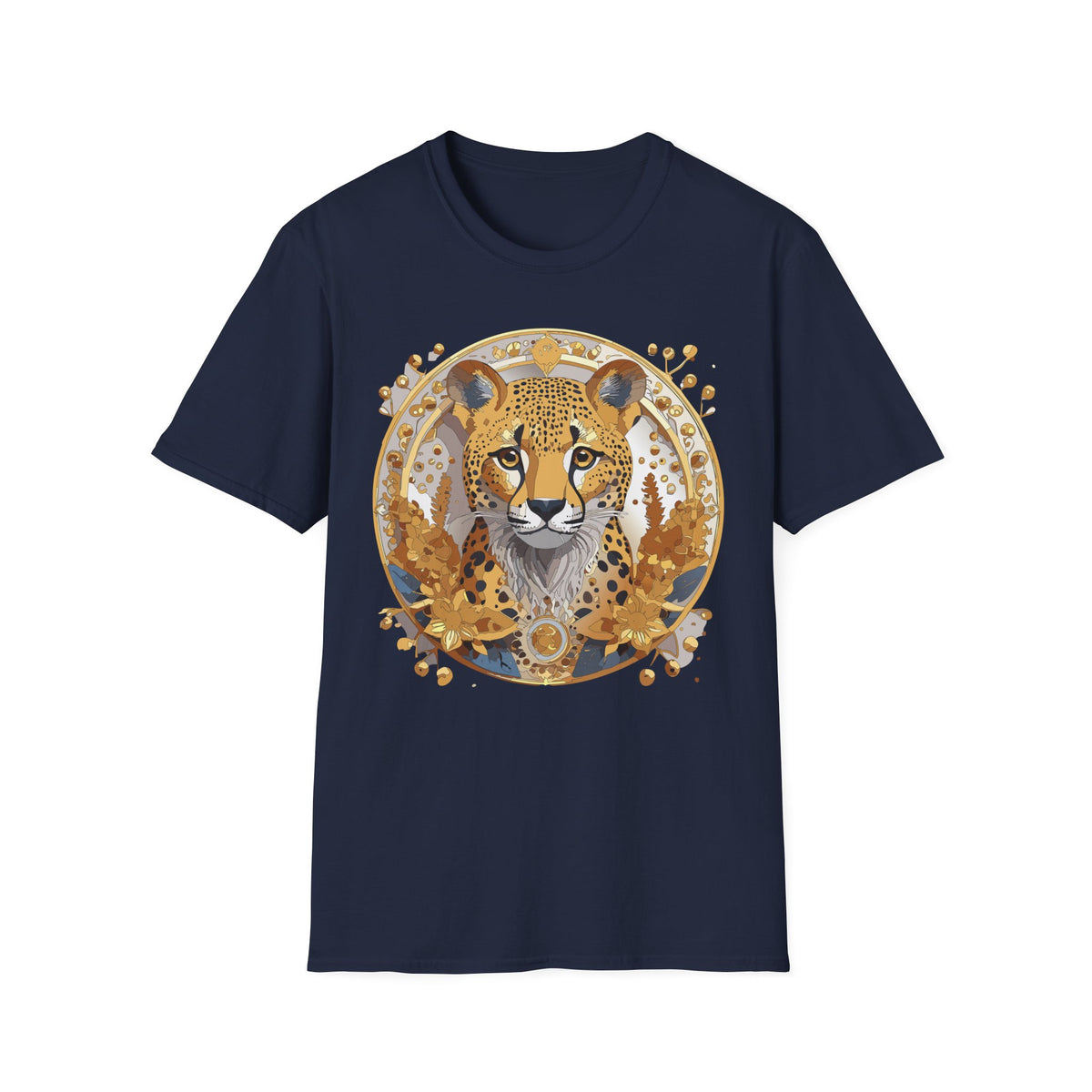 Golden Cheetah Face T-Shirt | Floral Accent, Boho Circle Design