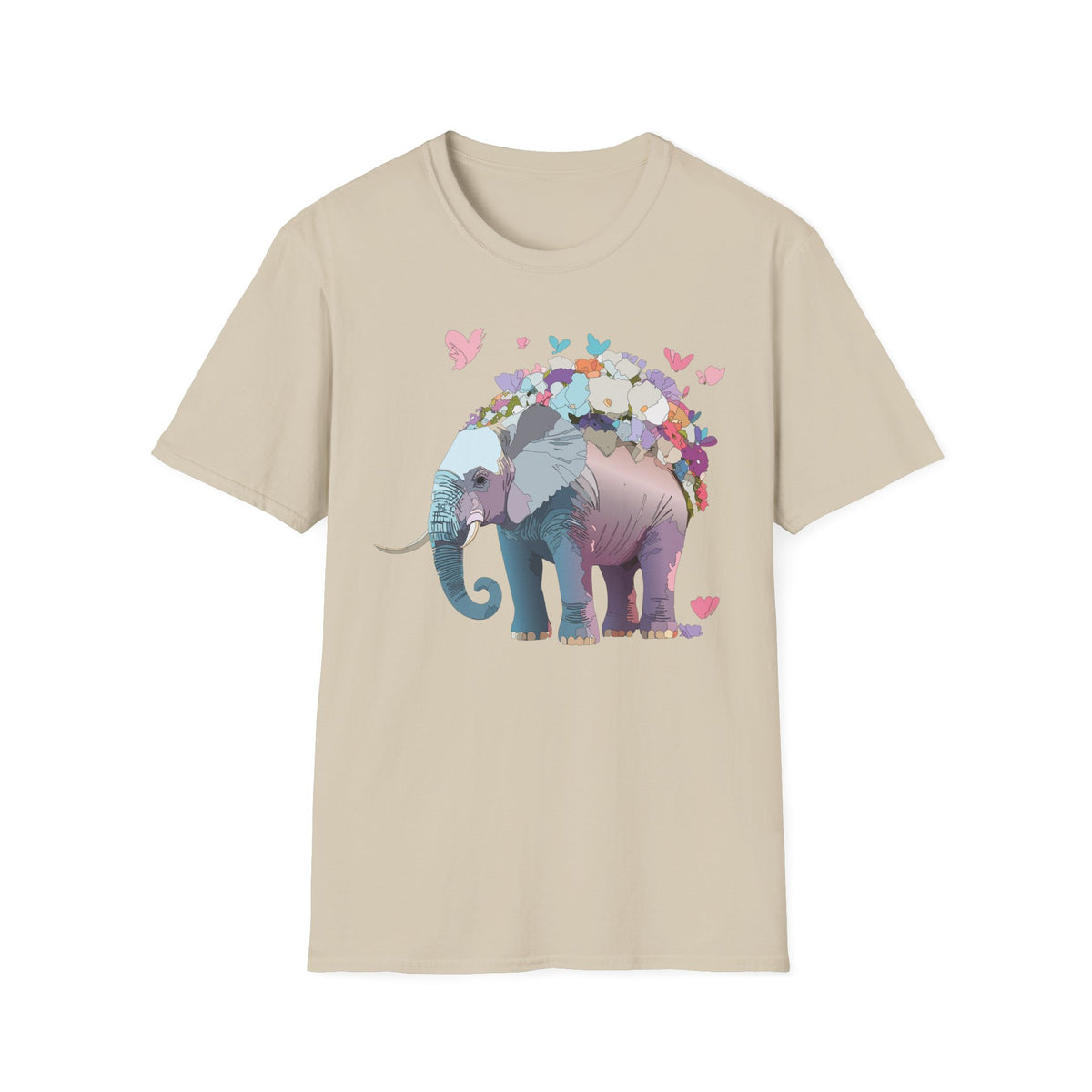 Floral Elephant Illustration T-Shirt | Butterfly Heart Garden Graphic Tee Unisex 100 Cotton Gildan T-Shirt