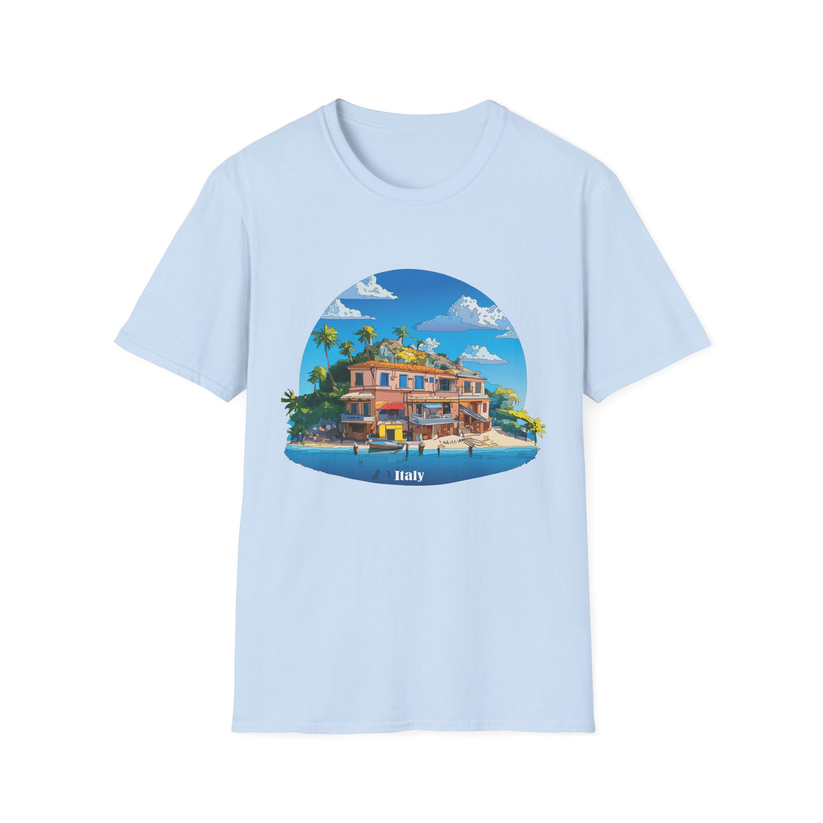 Italy Tropical Beach House Palm Trees T-Shirt | Seaside Villa Illustration