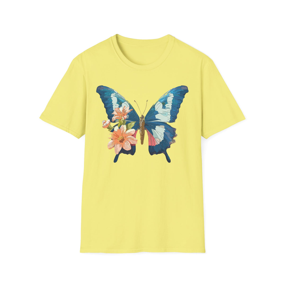 Blue Butterfly Floral Print T-Shirt | Botanical Wings Graphic Tee Unisex 100 Cotton Gildan T-Shirt