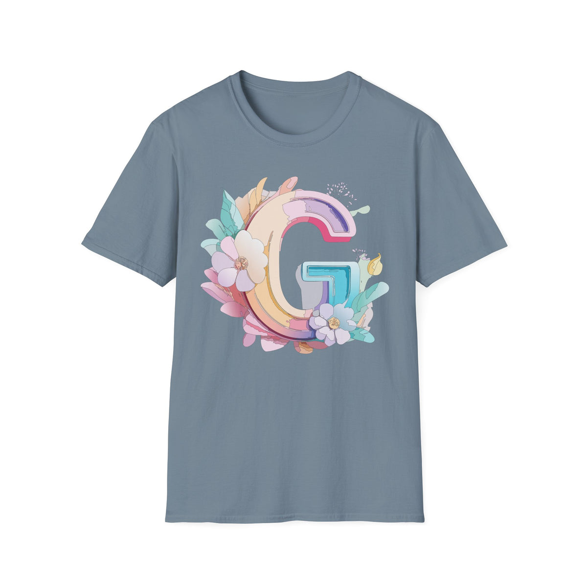 Floral Letter G T-Shirt | Monogram Initial Tee, Pastel Rainbow Blooms