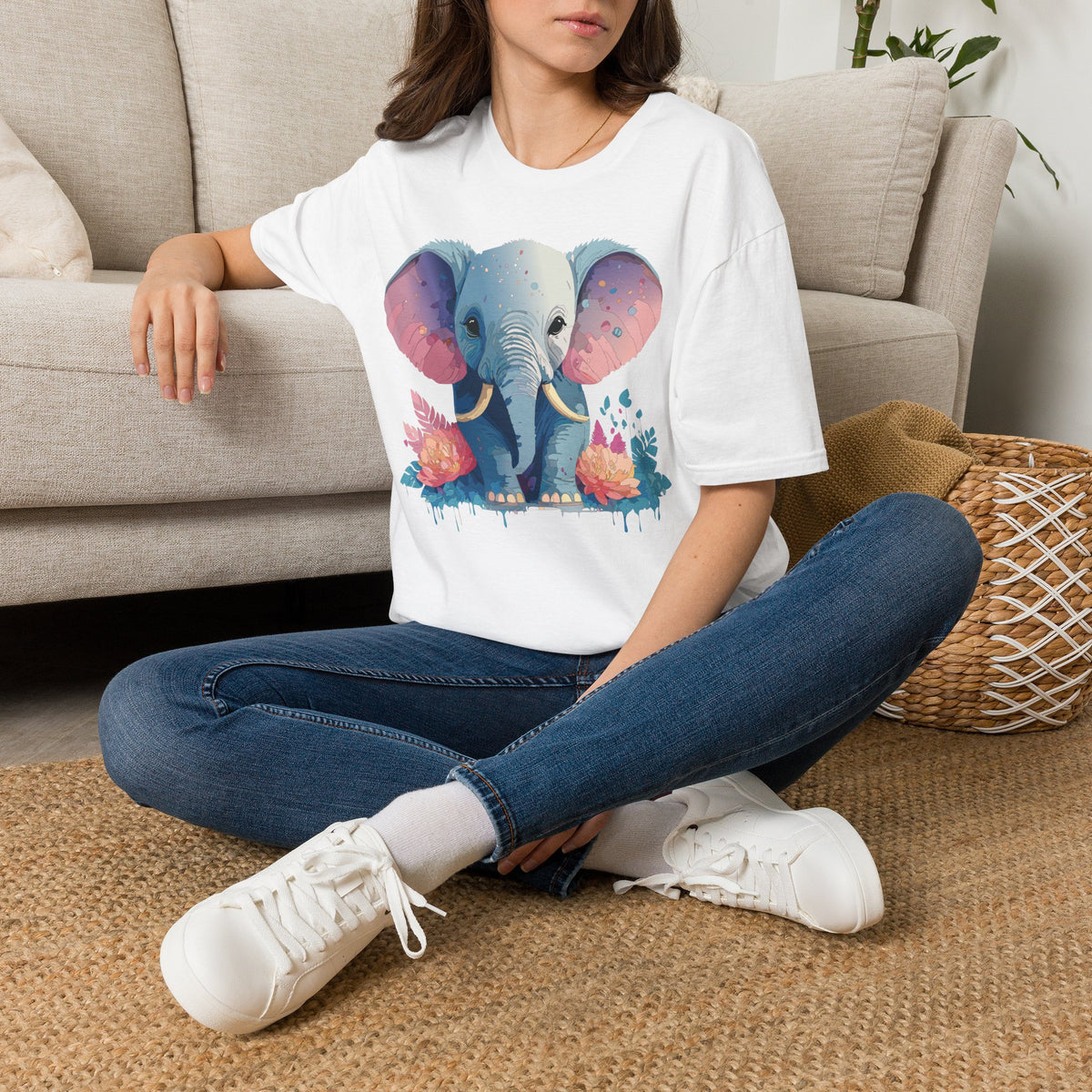 Colorful Baby Elephant Illustration T-Shirt | Cute Watercolor Animal Tee