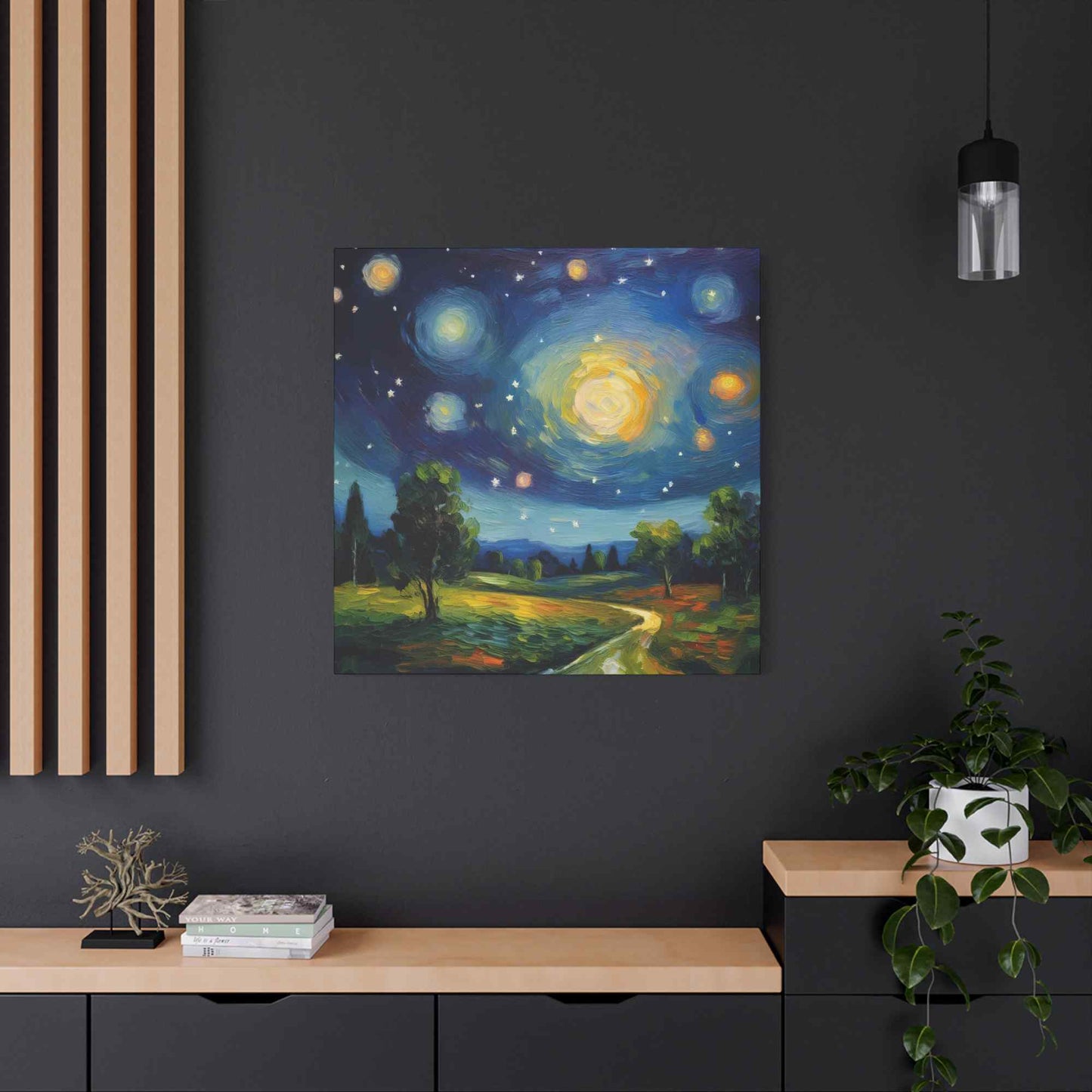 Starry Night Print Canvas, Oil Paint Print 20x20, 24x24, 30x30, 32x32, 36x36 Art Design Print Pine-Wood Inner Frame MC-40