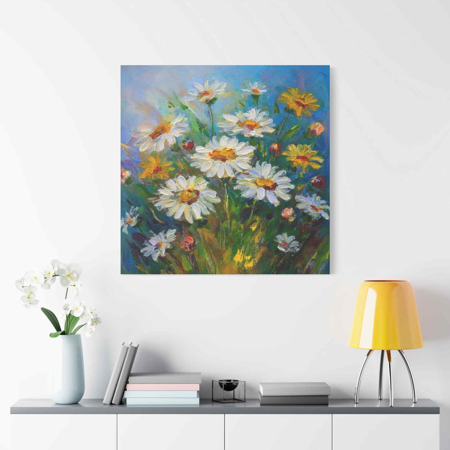White Daisies Print Canvas, Floral Oil Paint Print 20x20, 24x24, 30x30, 32x32, 36x36 Art Design Pine-Wood Inner Frame MC-128