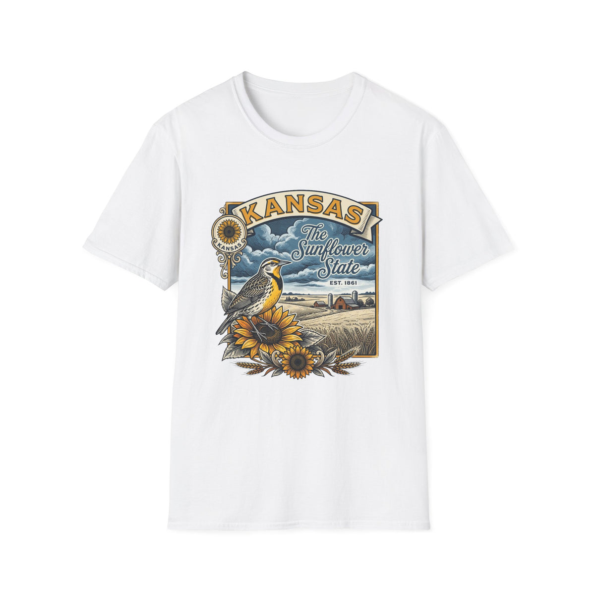 Kansas Sunflower State T-Shirt | Meadow Bird Vintage Travel Tourist Graphic Design Unisex 100 Cotton Gildan T-Shirt