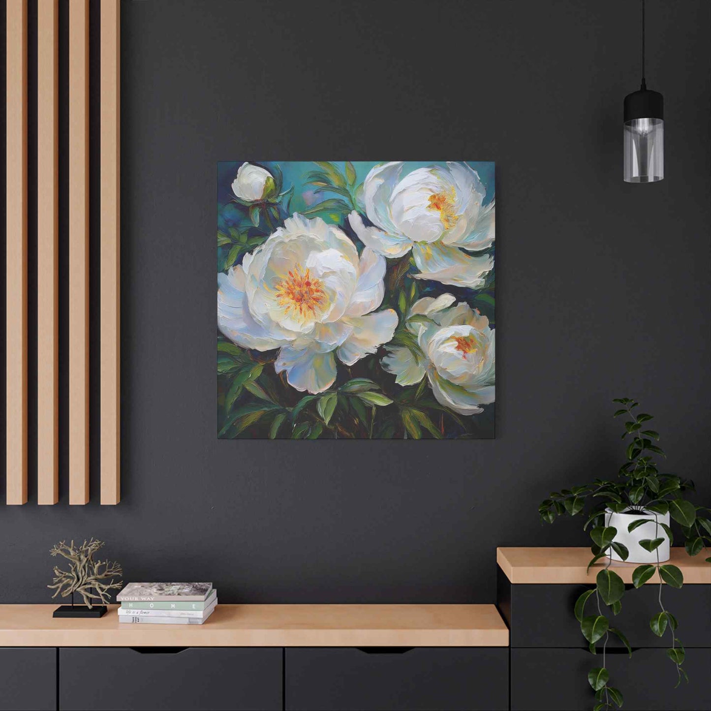 White Peonies Print Canvas, Floral Oil Paint Print 20x20, 24x24, 30x30, 32x32, 36x36 Art Design Pine-Wood Inner Frame MC-119