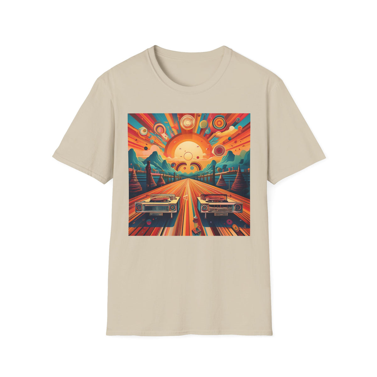 Retro Sunburst Road Trip Graphic Posters, Post Stamps Design Unisex 100 Cotton Gildan T-Shirt