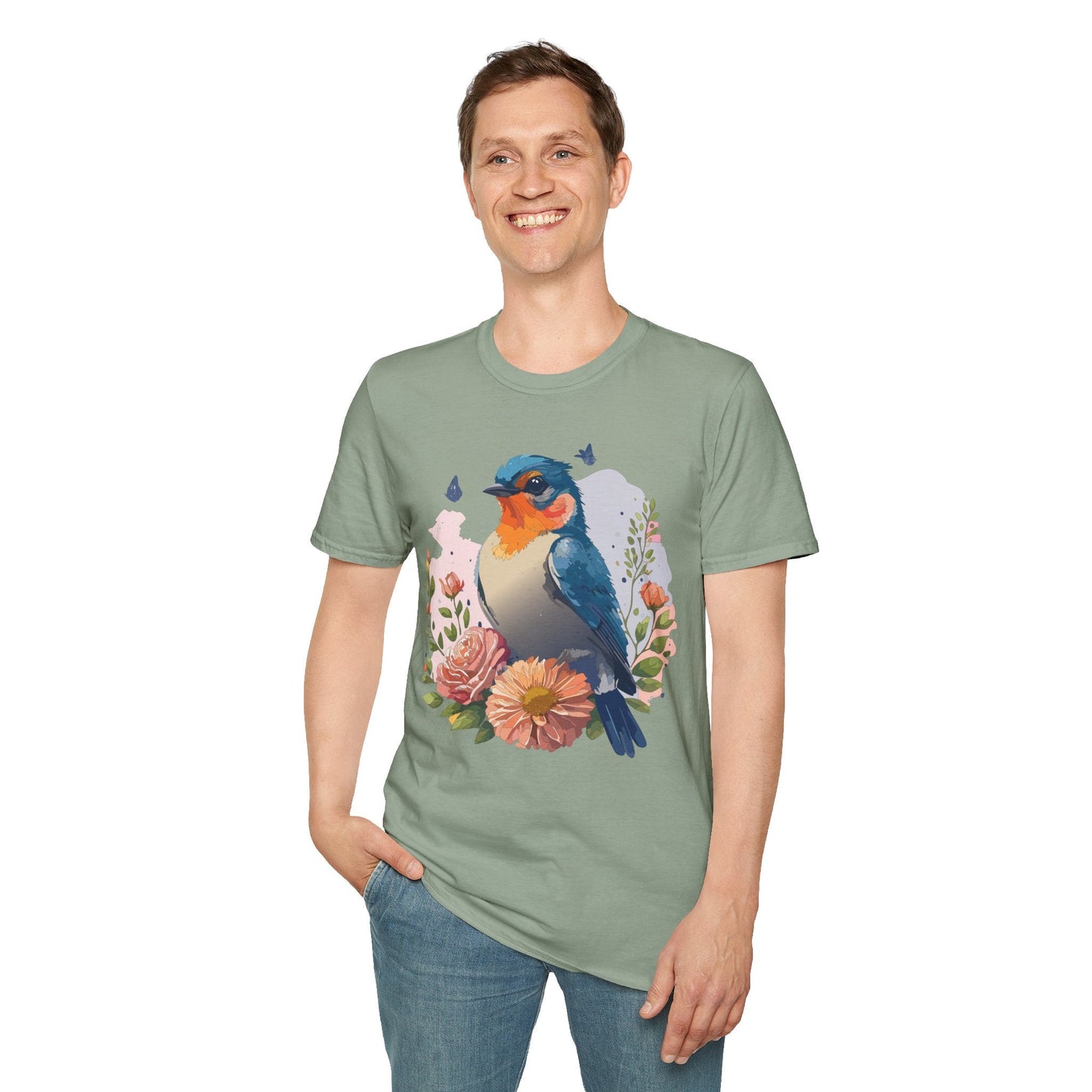 Bird T Shirt Floral Design Unisex Gildan Softstyle 64000 Ring Spun Cotton Tee Breathable Wear