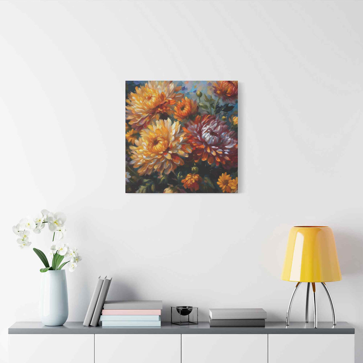 Chrysanthemums Print Canvas, Floral Oil Paint Print 20x20, 24x24, 30x30, 32x32, 36x36 Art Design Pine-Wood Inner Frame MC-157
