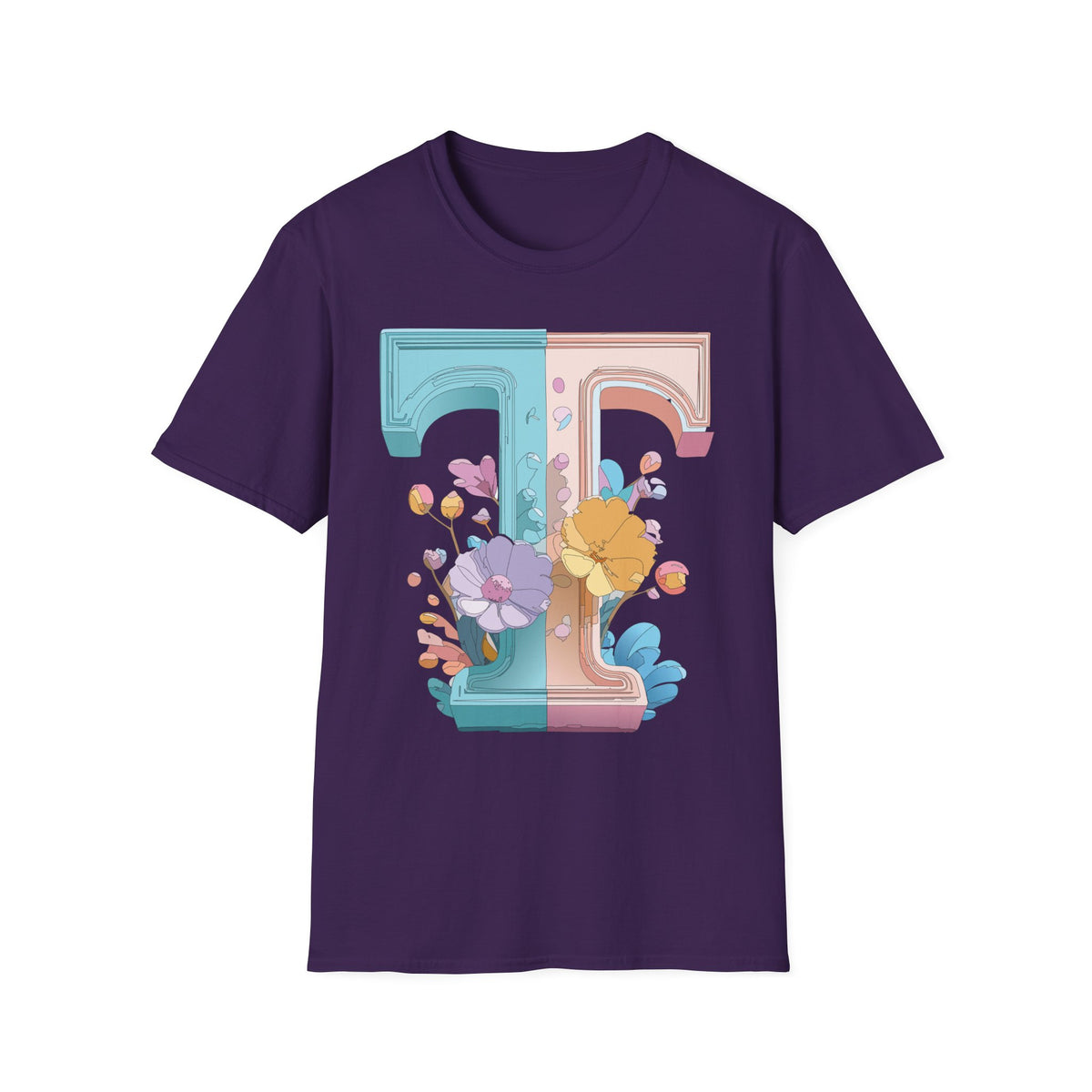 Floral Split Letter T-Shirt T Pastel Floral Initial Tee