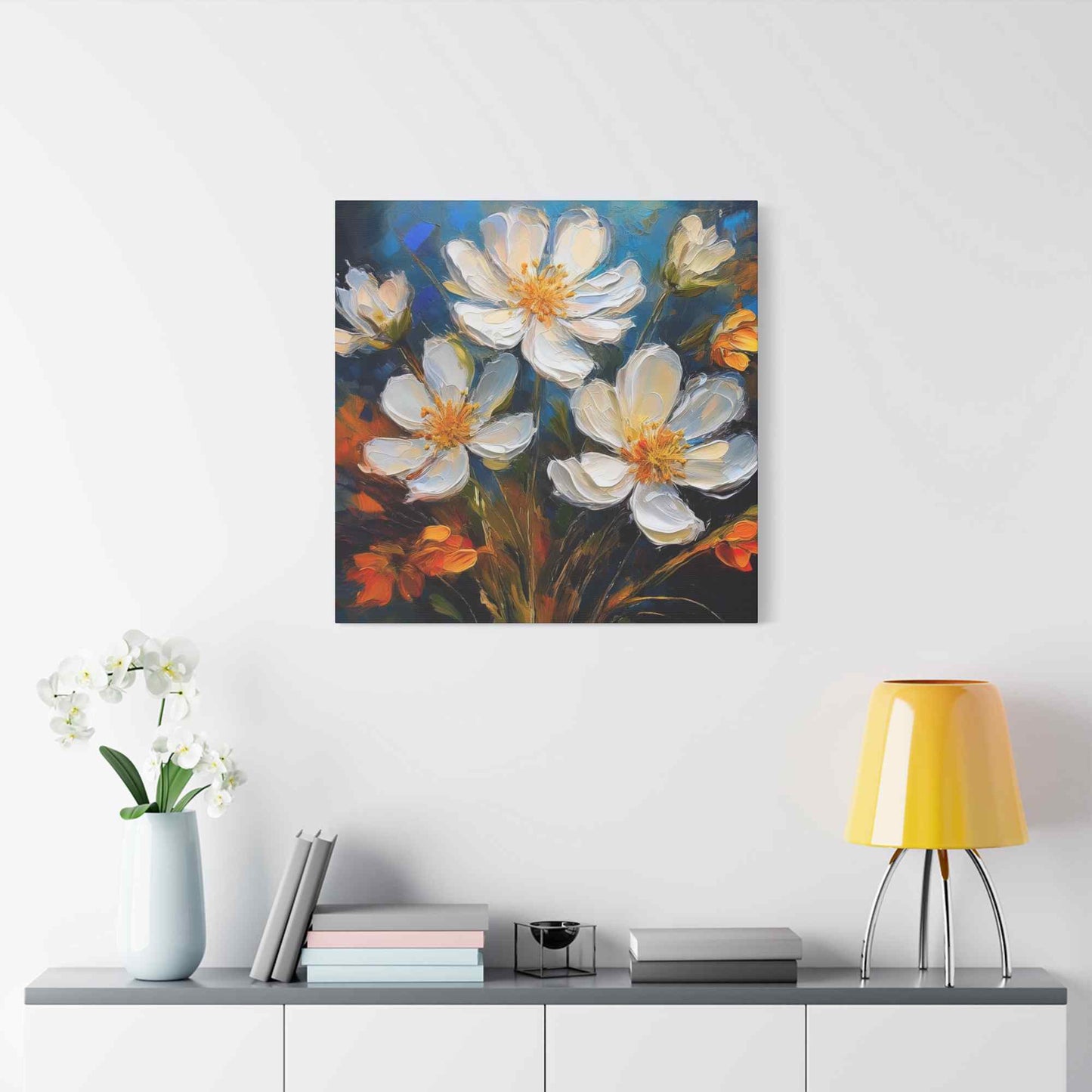 White Flowers Print Canvas, White Flowera Oil Paint Print 20x20, 24x24, 30x30, 32x32, 36x36, Art Design Print Non-Frame MC-6