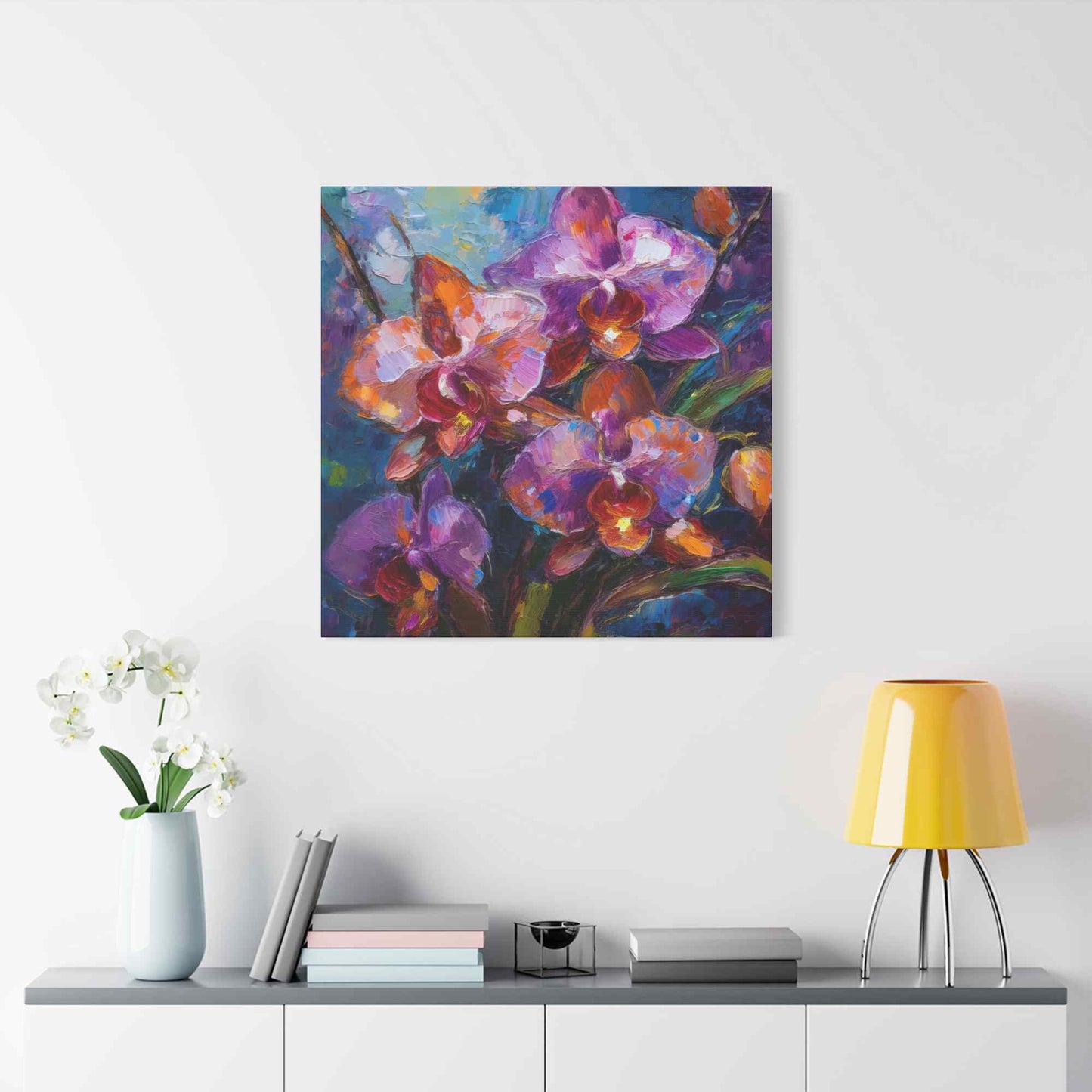 Purple Orchids Print Canvas, Floral Oil Paint Print 20x20, 24x24, 30x30, 32x32, 36x36 Art Design Pine-Wood Inner Frame MC-132
