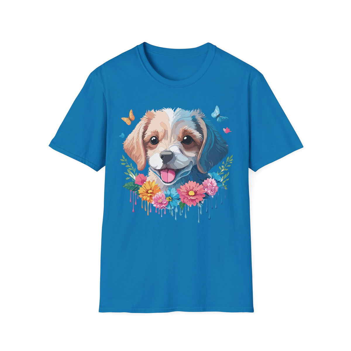 Happy Puppy Face T-Shirt | Cute Dog Portrait, Flowers & Butterflies