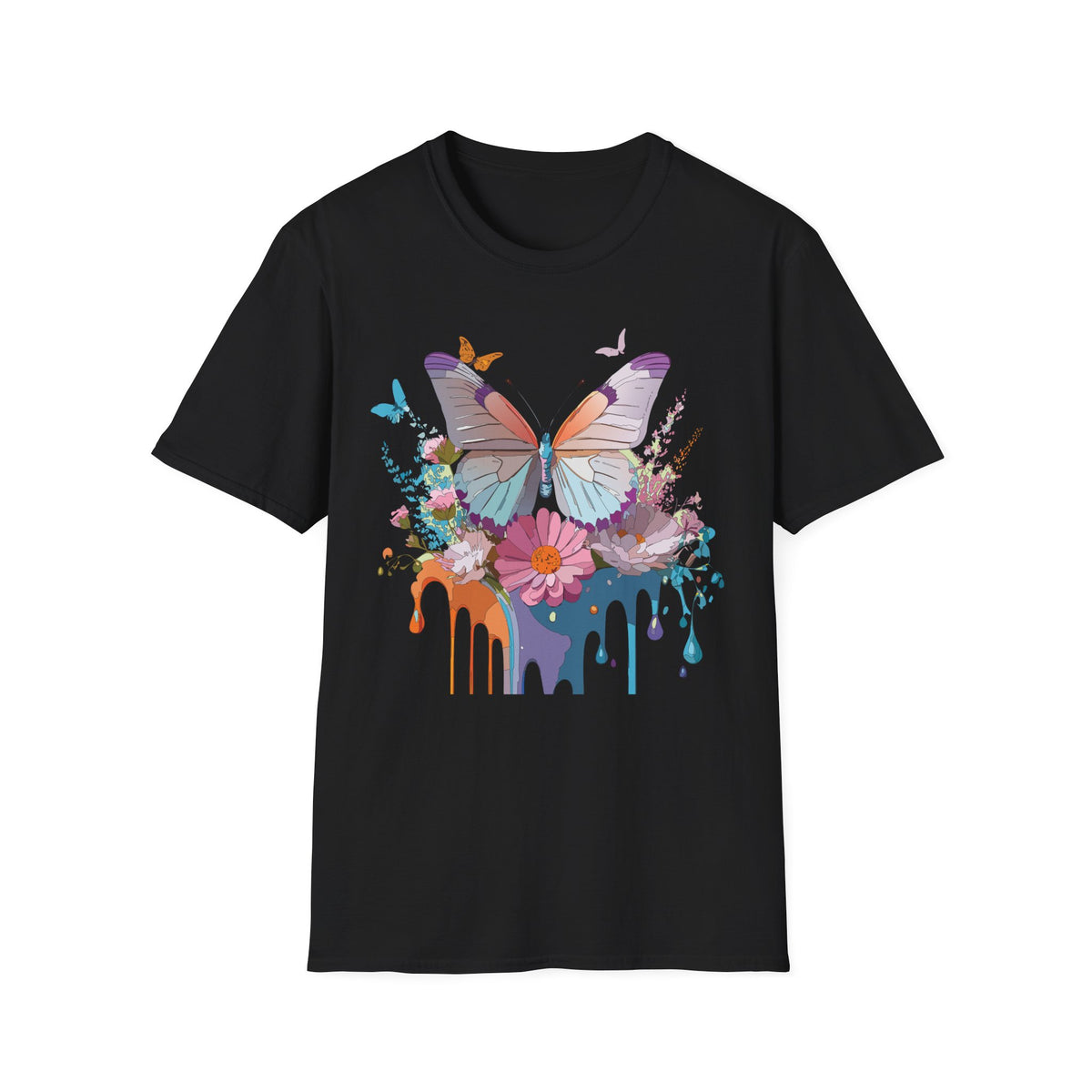 Butterfly Floral T-Shirt — Colorful Drip Art Garden Graphic Design Unisex 100 Cotton Gildan T-Shirt