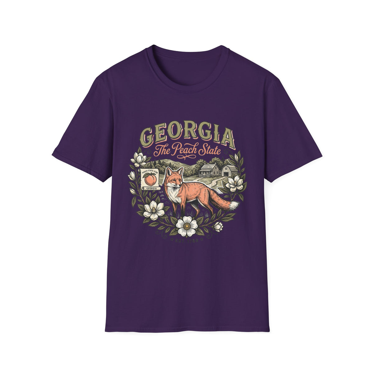 Georgia Fox T-Shirt — The Peach State Vintage Nature Travel Tourist Graphic Design Unisex 100 Cotton Gildan T-Shirt