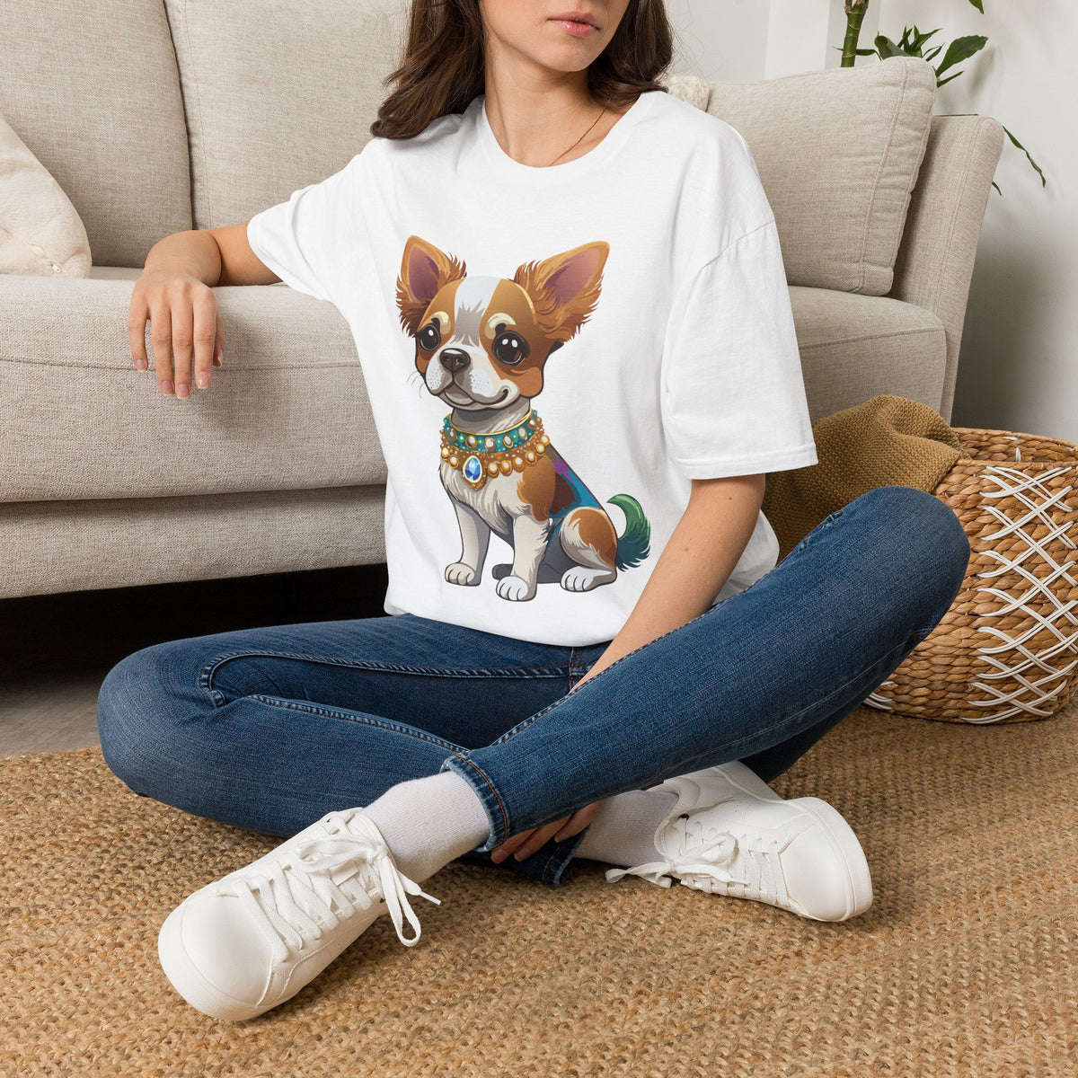Chihuahua Pup Graphic T-Shirt — Cute Jewel-Collared Dog Graphic Design Unisex 100 Cotton Gildan T-Shirt