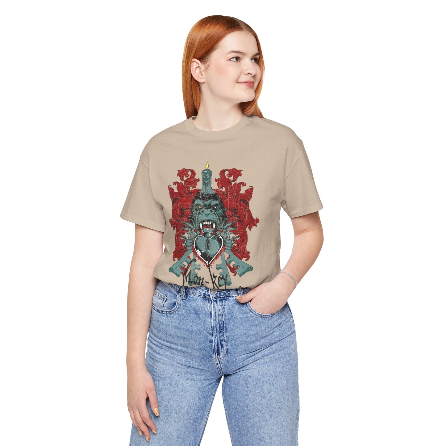 Gorilla Crest with Sword and Heart T-Shirt Heraldic Gothic Design Rock Band T-Shirt