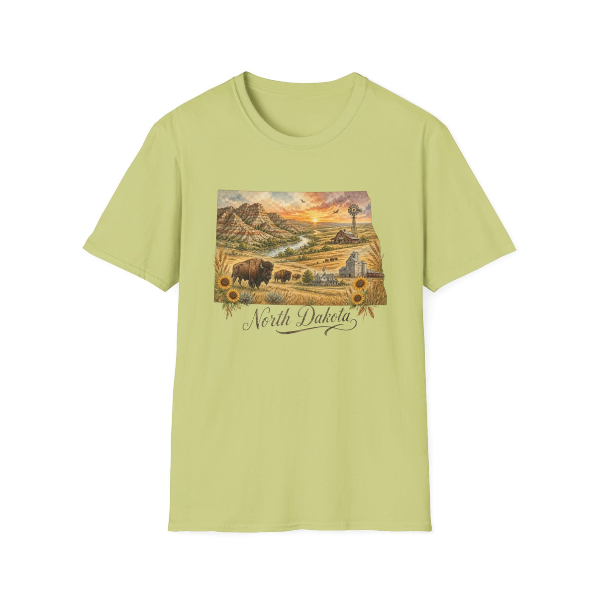 North Dakota State Travel Tourist Graphic Design Unisex 100 Cotton Gildan T-Shirt