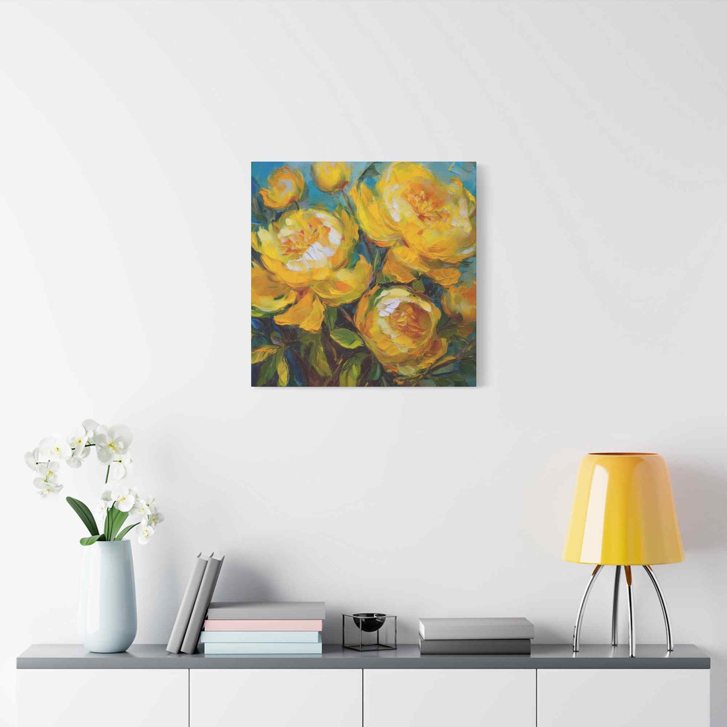 Yellow Peonies Print Canvas, Floral Oil Paint Print 20x20, 24x24, 30x30, 32x32, 36x36 Art Design Pine-Wood Inner Frame MC-120