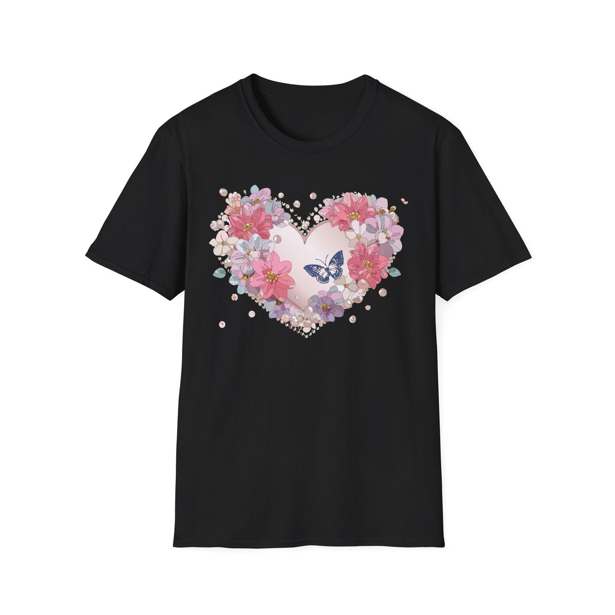 Floral Heart with Butterfly T-Shirt | Pink Flower Heart Tee