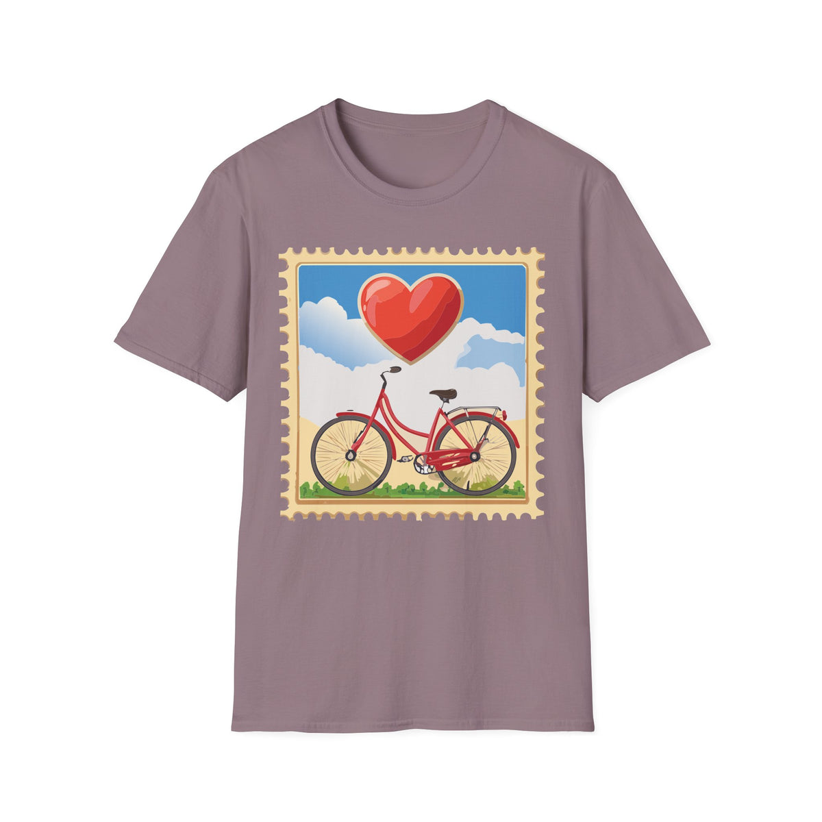 Heart Balloon Bicycle T-Shirt | Retro Stamp Illustration