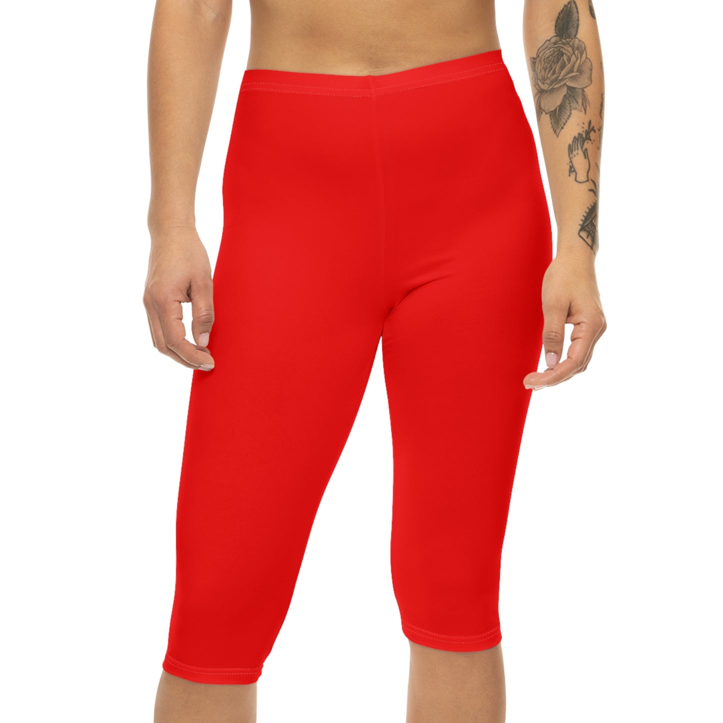 Pure Red Color Women's Brushed Suede Poly Span Casual Capri Leggings XS-2XL