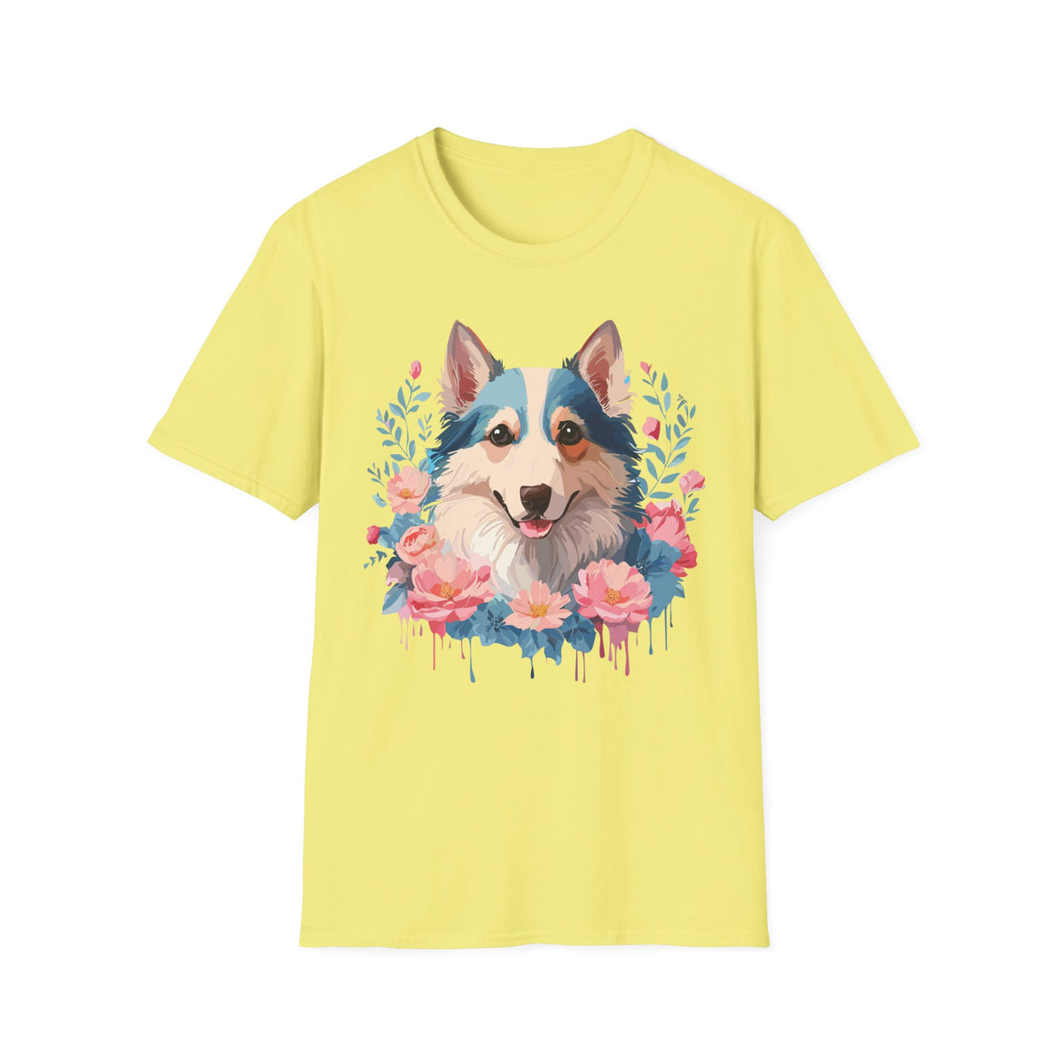 Floral Corgi Portrait T-Shirt | Dog Face Tee with Flowers
