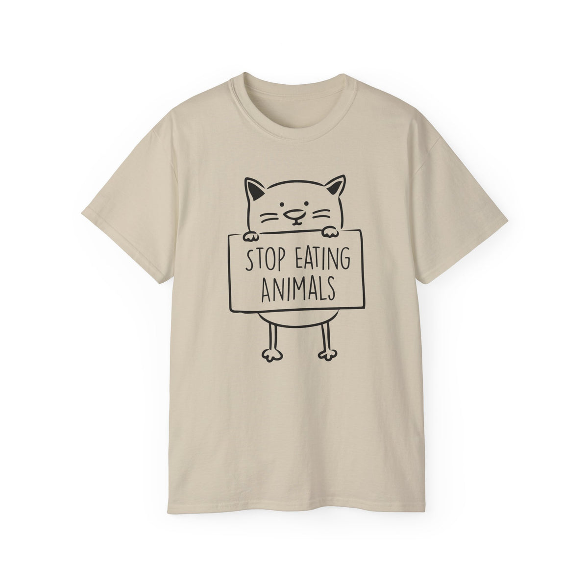 Cat Holding Sign Stop Eating Animals T-Shirt | Vegan Animal Rights Tee