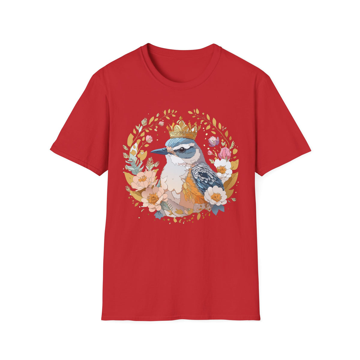 Crowned Bluebird Floral Illustration T-Shirt | Whimsical Bird Art