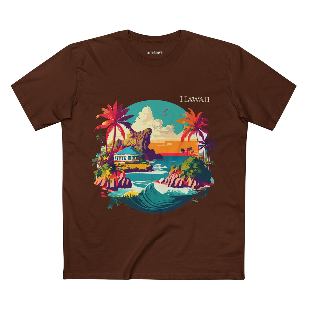 Hawaii Sunset Surf Scene T-Shirt | Tropical Beach Illustration