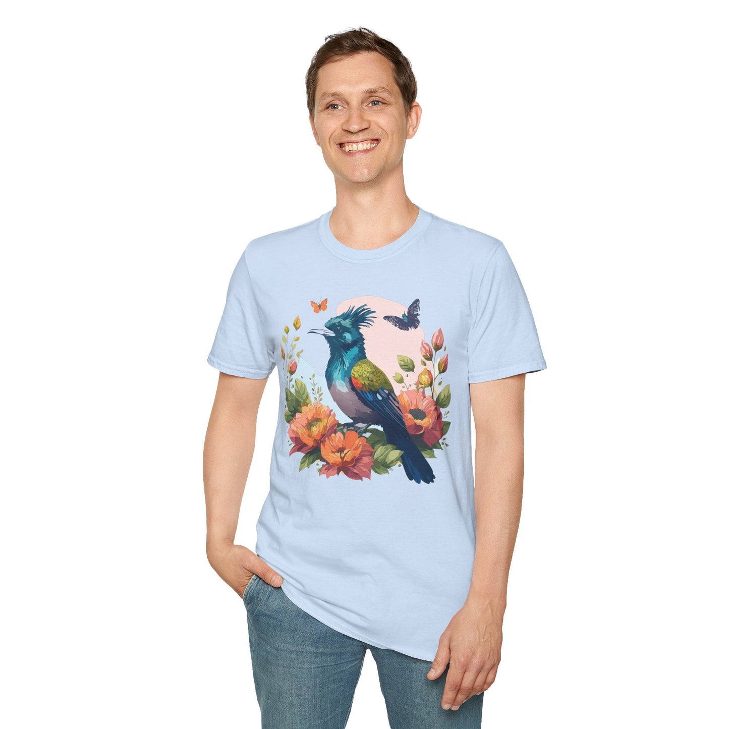 Floral Bird T Shirt Unisex Tee 100 Percent Ring Spun Cotton Softstyle Gildan 64000 Comfort Fit